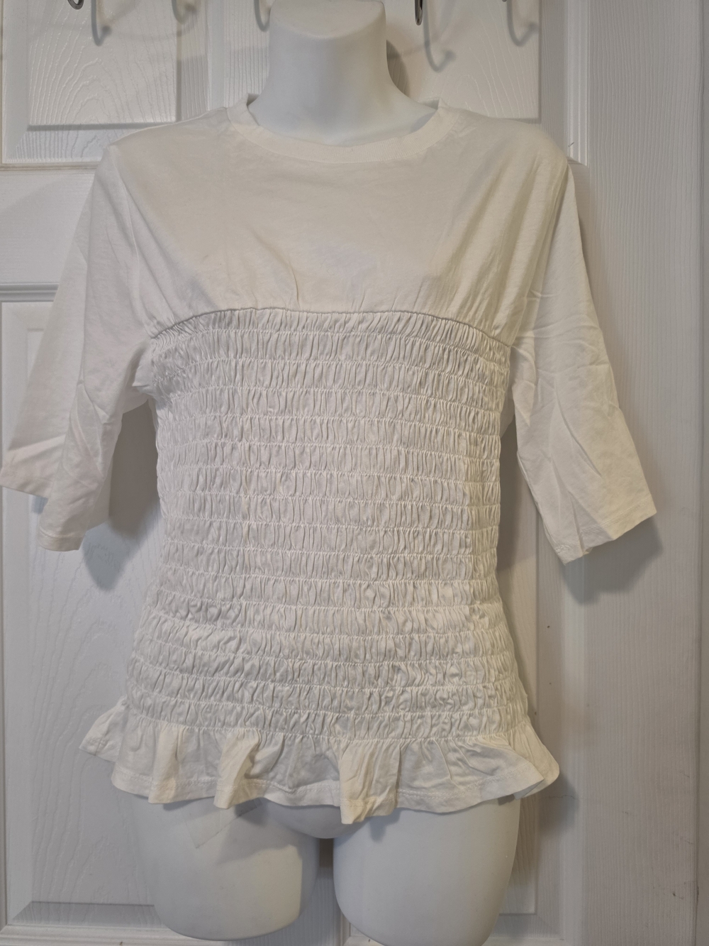 Divided White Smocked Ruffle-Hem Top Size Medium